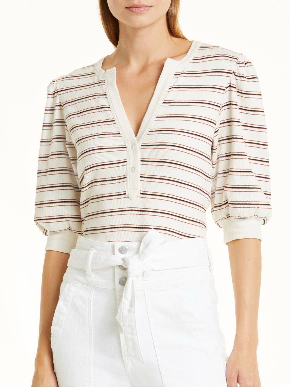 Veronica Beard Raegan Puff-Sleeve Top M stripe preppy henley blouse red black